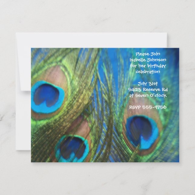 Blue Peacock Feather Birthday Invitation (Front)