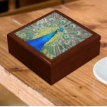 Blue Peacock Feather Plumage Gift Box<br><div class="desc">Store trinkets,  jewelry and other small keepsakes in this wooden gift box with ceramic tile featuring a photo image of a lovely,  blue Peacock with colorful fantail plumage. Select your gift box size and color.</div>