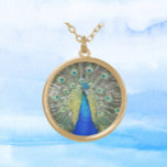 Blue Peacock Feather Plumage Gold Plated Necklace<br><div class="desc">Make a fashion statement with this sterling silver plated necklace chain with pendant designed for her that features the photo image of a blue Peacock with colorful fantail feathers. A fun and trendy design! Select your pendant shape,  size,  and finish style.</div>