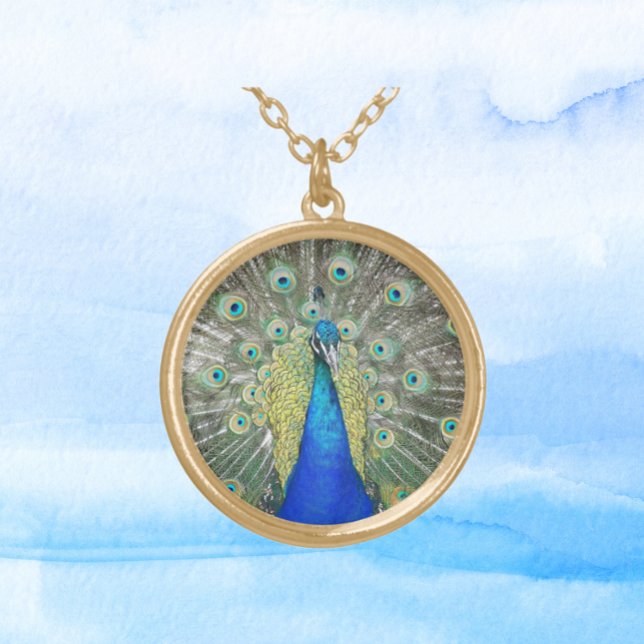 Blue Peacock Feather Plumage Gold Plated Necklace (In Situ)