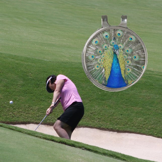 Blue Peacock Feather Plumage Golf Hat Clip (In Situ Golfer)