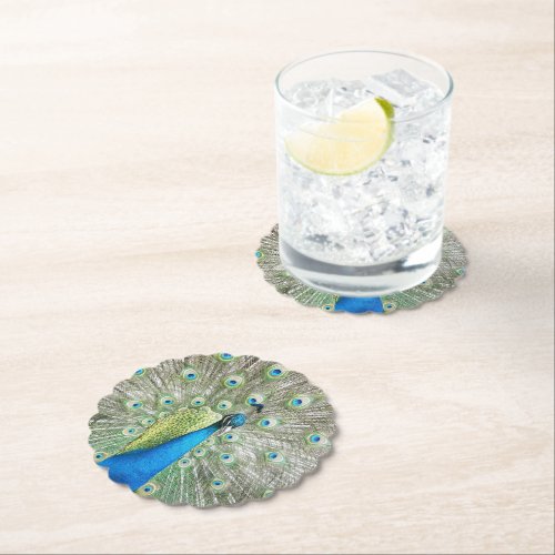 Blue Peacock Feather Plumage Paper Coaster