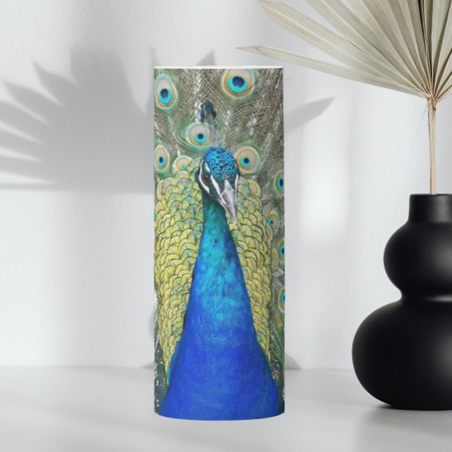 Blue Peacock Feather Plumage Pillar Candle (In Situ Vase)