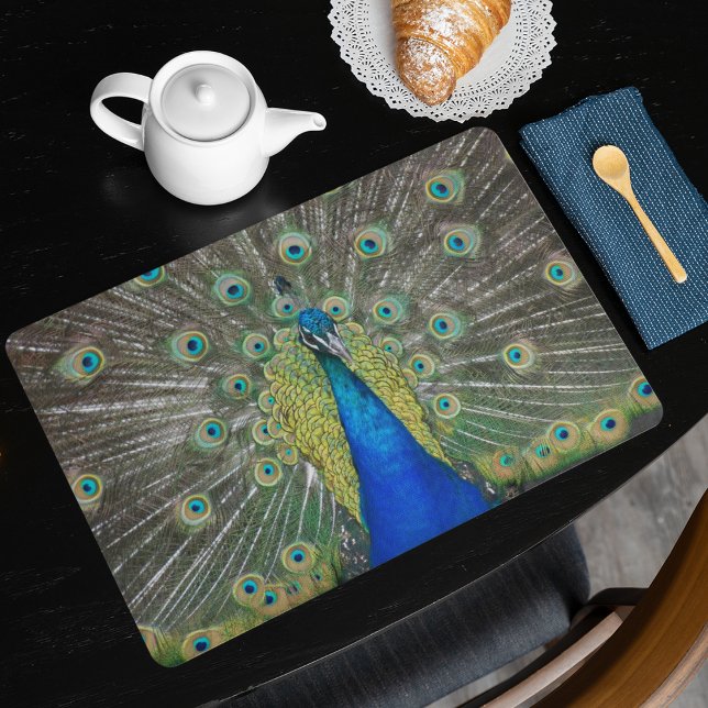 Blue Peacock Feather Plumage Placemat (In Situ Table Setting)