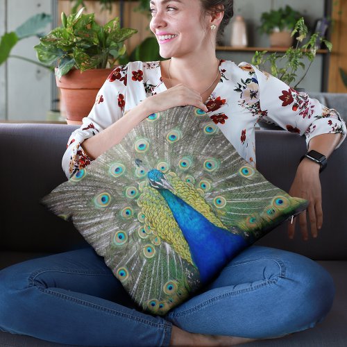 Blue Peacock Feather Plumage Throw Pillow