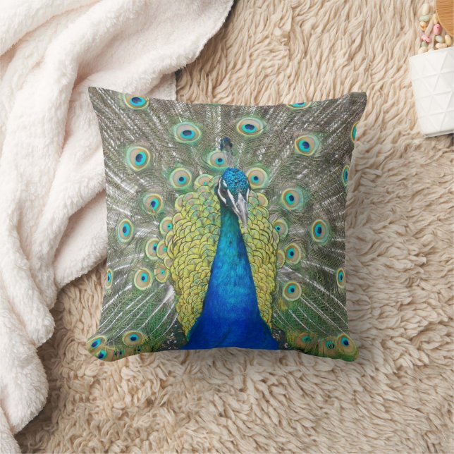 Blue Peacock Feather Plumage Throw Pillow (Blanket)