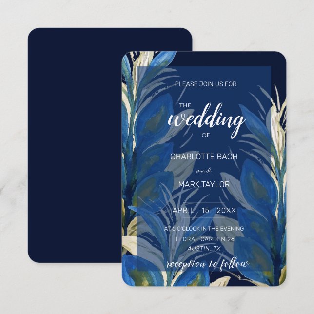 Blue Peacock Feathers Leaves Watercolor  Invitation (Front/Back)