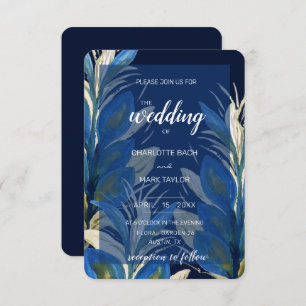 Blue Peacock Feathers Leaves Watercolor Invitation