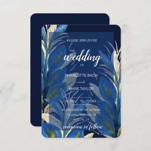 Blue Peacock Feathers Leaves Watercolor  Invitation