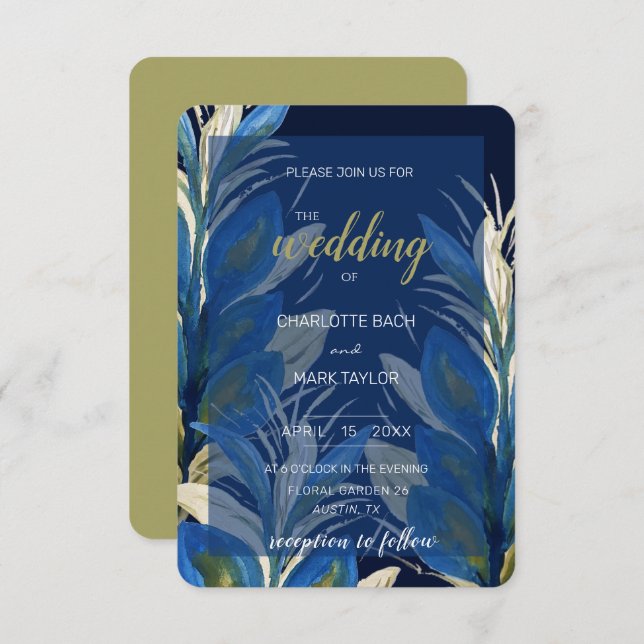 Blue Peacock Feathers Leaves Watercolor Invitation (Front/Back)