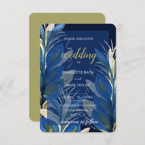 Blue Peacock Feathers Leaves Watercolor Invitation