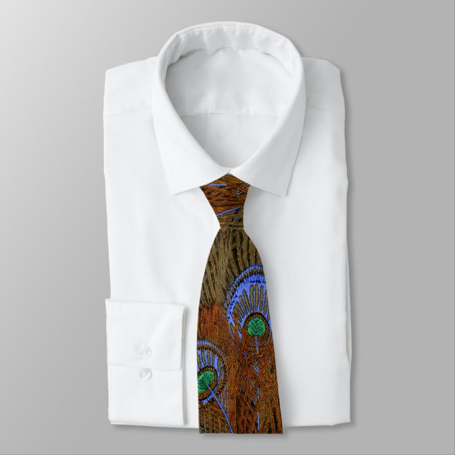 Blue Peacock Feathers Neck Tie (Tied)