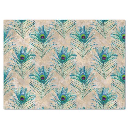 Blue Peacock Feathers on Light Brown Decoupage Tissue Paper