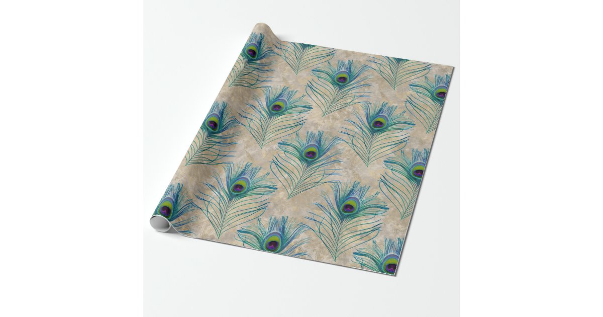 Peacock Feathers, Lime Green on Emerald Green Wrapping Paper