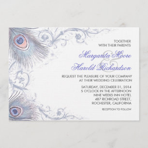 blue peacock feathers vintage wedding invitations