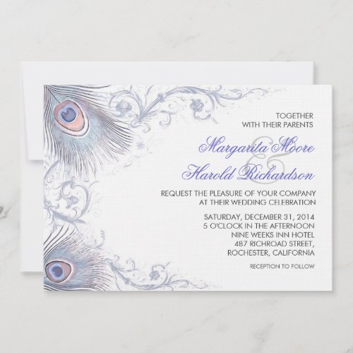 blue peacock feathers vintage wedding invitations