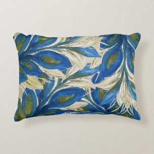 Blue Peacock Feathers Watercolor Hand-painted Accent Pillow