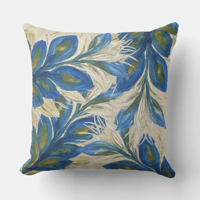 Blue Peacock Feathers Watercolor Hand-painted  Outdoor Pillow (Front)