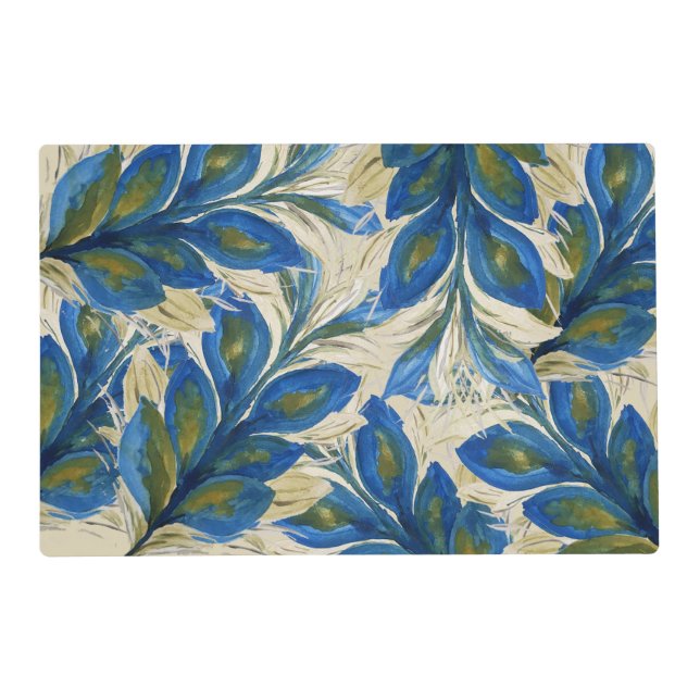 Blue Peacock Feathers Watercolor Hand-painted Placemat (Front)