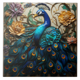 Blue Peacock, Flowers, 3D Effect, Colorful Ceramic Tile