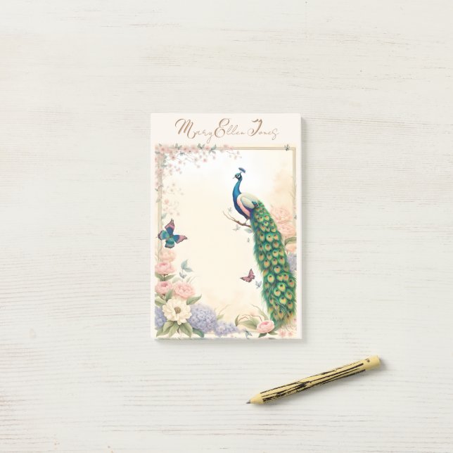 Blue Peacock in Pastel Flower Garden II Post-it Notes (On Desk)