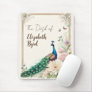 Blue Peacock in Pastel Flower Garden Mouse Pad