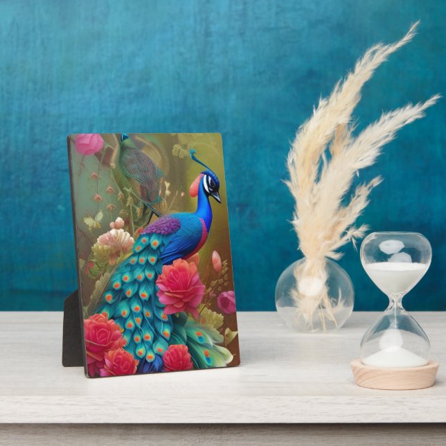 Blue Peacock in Pink Heart Rose Garden Plaque (Side)
