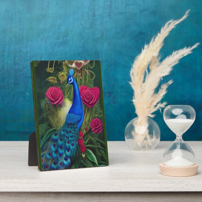 Blue Peacock in Pink Heart Rose Garden  Plaque (Side)