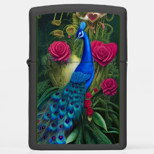 Blue Peacock in Pink Heart Rose Garden Zippo Lighter