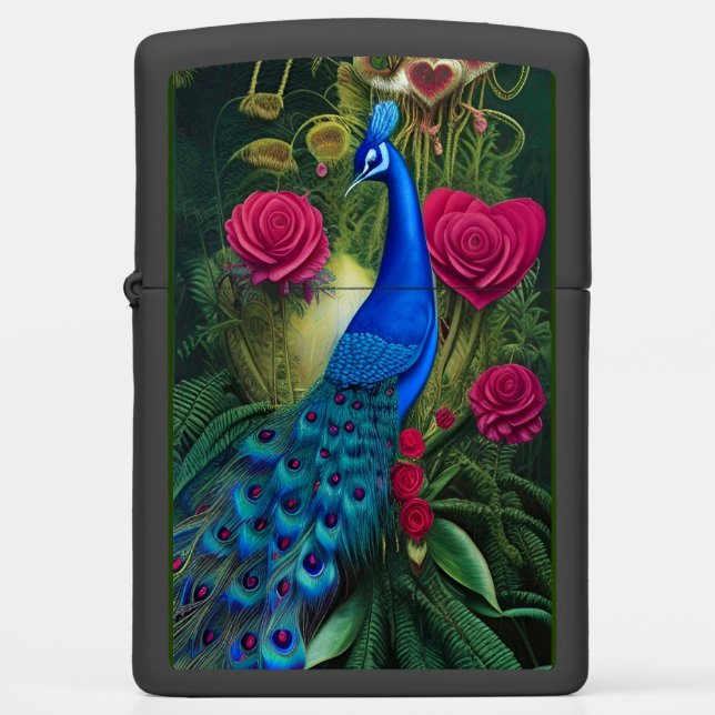 Blue Peacock in Pink Heart Rose Garden  Zippo Lighter (Front)