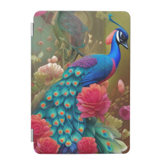 Blue Peacock in Pink Rose Garden iPad Mini Cover