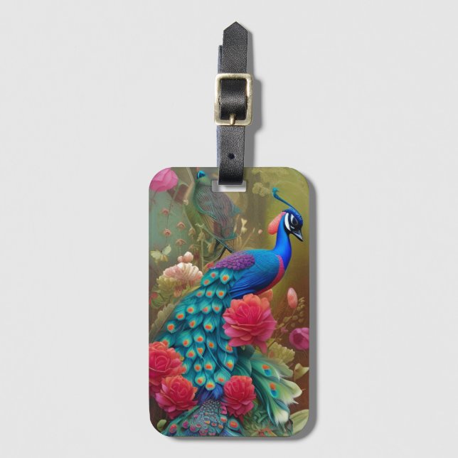 Blue Peacock in Pink Rose Garden  Luggage Tag (Front Vertical)