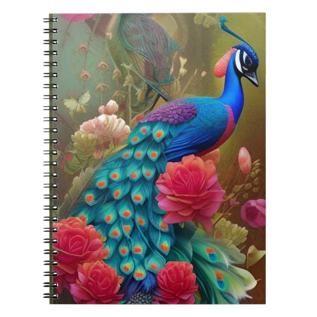 Blue Peacock in Pink Rose Garden  Notebook (Front)