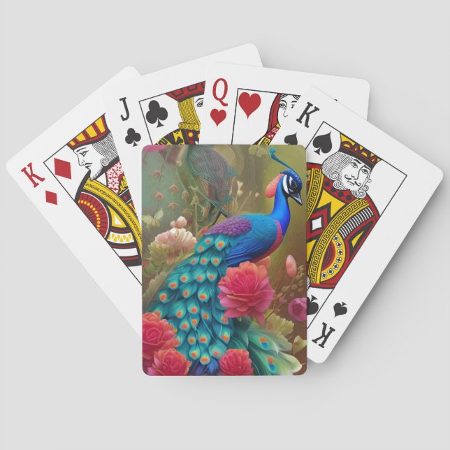 Blue Peacock in Pink Rose Garden  Poker Cards (Back)