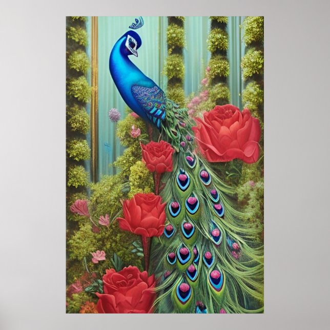 Blue Peacock in Rose and Fern Garden   Poster (Front)