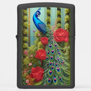 Blue Peacock in Rose and Fern Garden Zippo Lighter