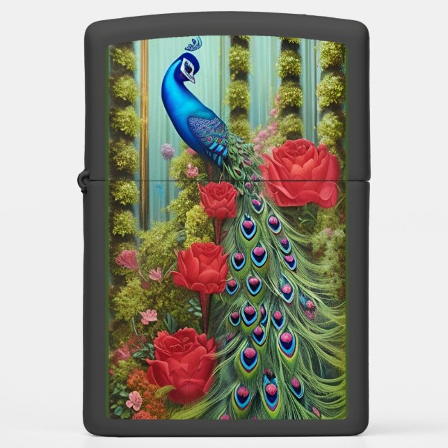 Blue Peacock in Rose and Fern Garden  Zippo Lighter (Front)
