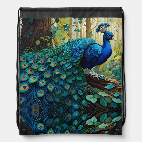 Blue Peacock in the forest Drawstring Bag