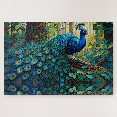 Blue Peacock in the forest Jigsaw Puzzle