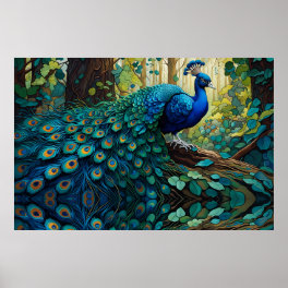 Blue Peacock in the forest Poster