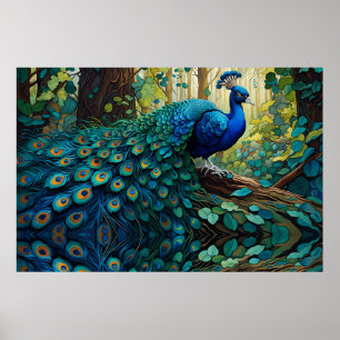 Blue Peacock in the forest Poster