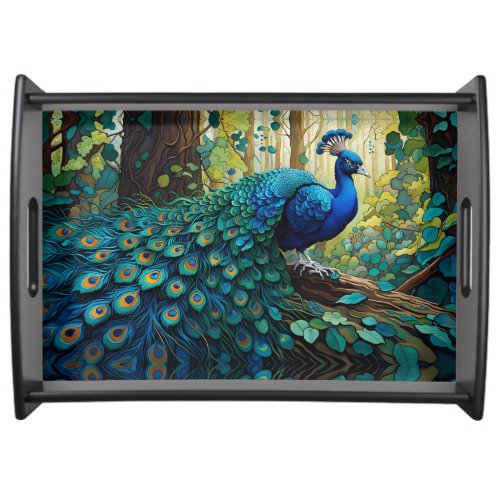 Blue Peacock in the forest Serving Tray