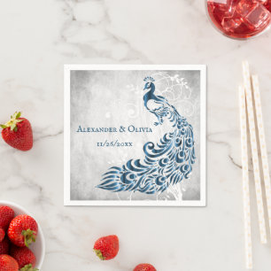 Blue Peacock Leaf Vine Bridal Shower Napkin