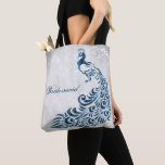 Blue Peacock Leaf Vine Bridesmaid Tote<br><div class="desc">Personalize a all over print bag for your bridesmaids with a Blue Peacock Leaf Vine Bridesmaid's Tote Bag. Tote design features a light gray grunge background with a vibrant blue peacock with a leaf vine embellishment. Personalize with the bridesmaid's name or keep the bridesmaid title. Additional wedding stationery and gifts...</div>