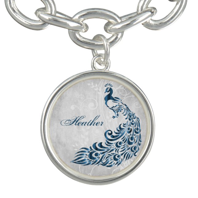 Blue Peacock Leaf Vine Personalized Charm Bracelet (Design)