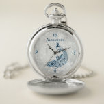 Blue Peacock Leaf Vine Personalized Pocket Watch<br><div class="desc">Personalize a unique gift for your Groomsmen with a Blue Peacock Leaf Vine Personalized Pocket Watch. Watch design features a light gray grunge background with a vibrant blue peacock with a leaf vine embellishment. Personalize with the groomsmen's name. Additional wedding stationery and gifts available with this design as well. Need...</div>