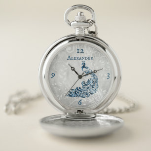 Blue Peacock Leaf Vine Personalized Pocket Watch
