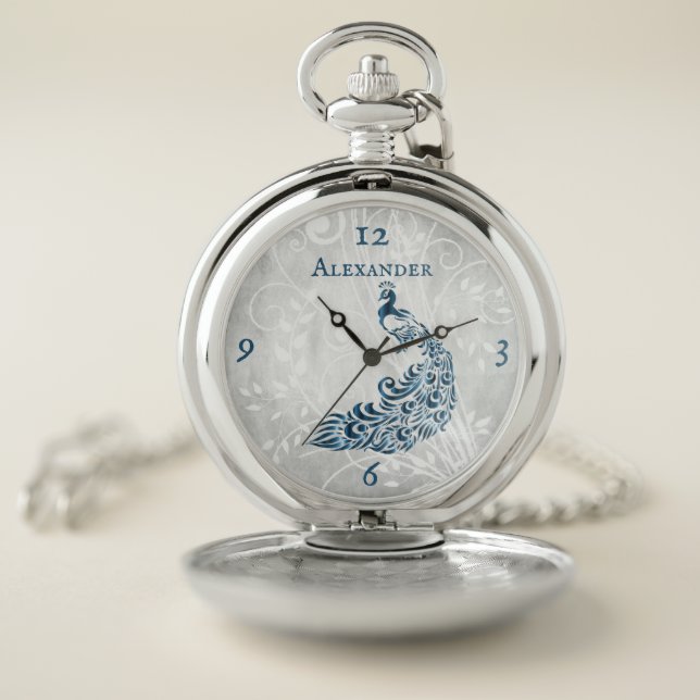Blue Peacock Leaf Vine Personalized Pocket Watch (Inside)
