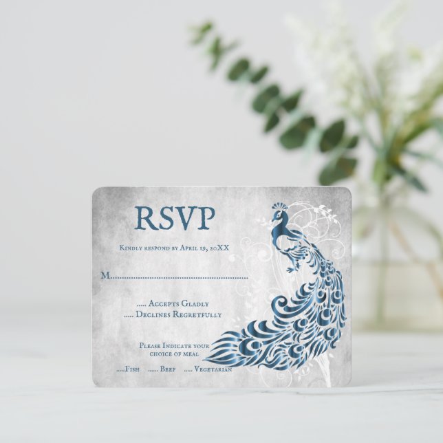 Blue Peacock Leaf Vine Wedding RSVP Card (Standing Front)