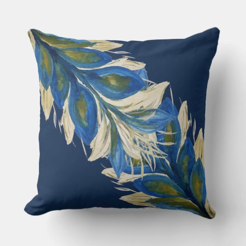 Blue Peacock Leafs Watercolor Hand_painted Navy Throw Pillow